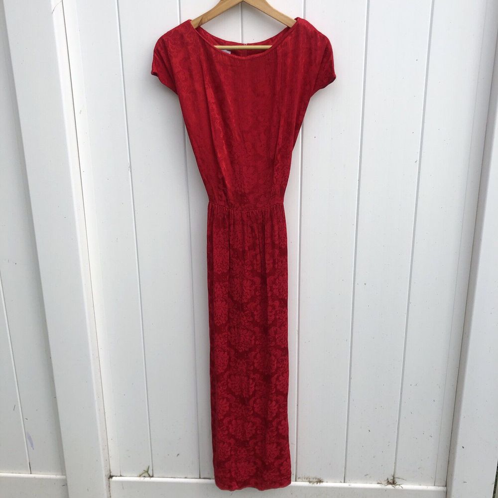 Vintage K.C. Spencer Short Sleeve Dress Red Maxi Floral Tie Gown Christmas 8